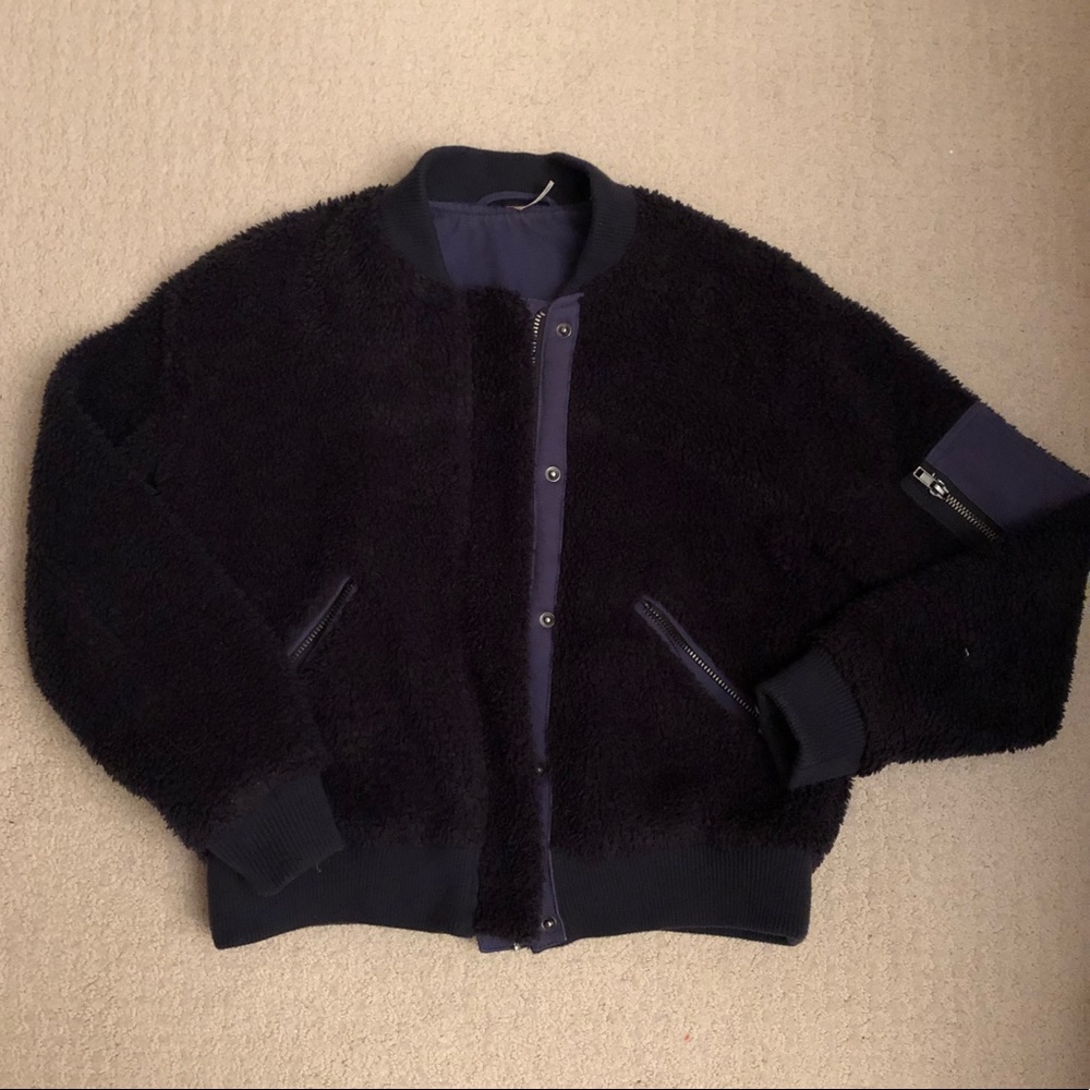 Navy Sherpa Free People Bomber Jacket EUC